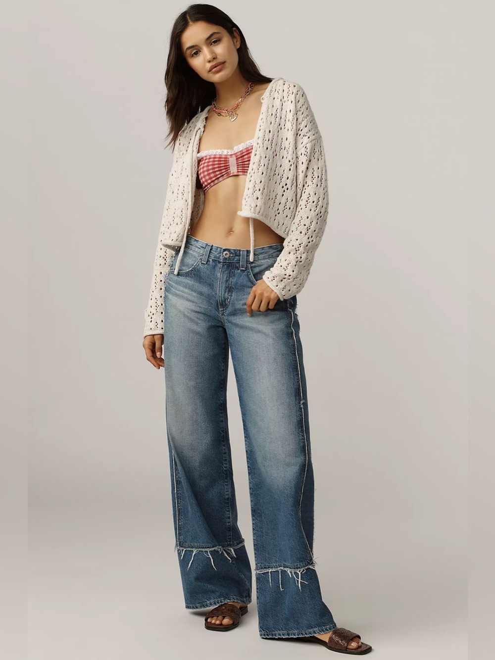 Ag Adriano Goldschmied Medium Blue Wide-Leg Frayed Hem Jeans